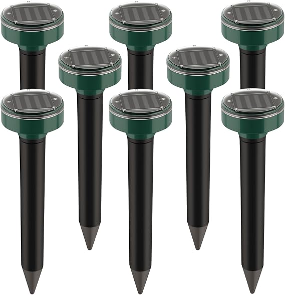 8 Pack Ultrasonic Solar Mole Repellent Gopher Repellent Waterproof Vole Chipmunk Groundhog Repellent Outdoor Sonic Spikes Rodent Repellent Mole Deterrent Snake Repellent for Yard Lawn