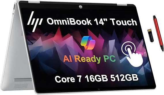 HP OmniBook 5 Flip 2-in-1 14" 2K Touchscreen Laptop, Intel 10-Core 7 150U, 16GB LPDDR5 RAM, 512GB SSD, Intel Graphics, Copilot, Backlit Keyboard, Wi-Fi 6E, Windows 11, Glacier Silver, EAT 16GB USB PEN