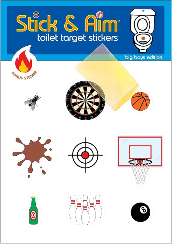 Toilet Target Stickers for Big Boys with Sticker Applicator Tool for Easy Installation. Fun Toilet Target Aiming Stickers for Boys and Men Helping Keep Floors Clean.