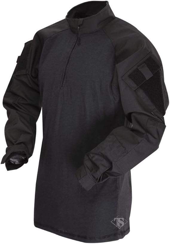 Tru-Spec T.R.U. 1/4 Zip Combat Shirt, Men's Tactical Long Sleeves - 65/35 Polyester Cotton Rip-Stop Fabric, Black - Large