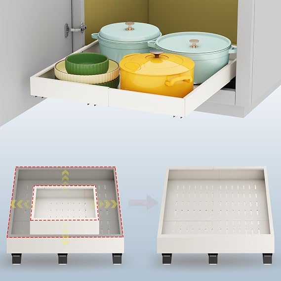 Fokyfok Pull out Cabinet Organizer,15"-21"W,17"-24"D,Expandable,Adhesive | No Drill,3 Rails,Roll out Drawers,Adjustable Slide out Shelves for Kitchen,Pantry,Framed and Framless Cabinets,White,1PC