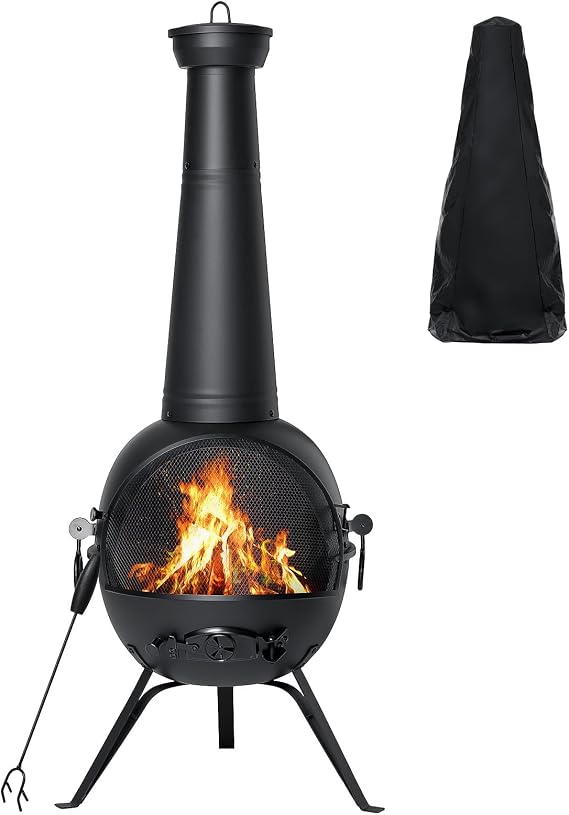SINGLYFIRE Chiminea Fireplace Outdoor Prairie Fire Deck or Patio Backyard Wooden Fire Pit with Chiminea Cover Rust-Free Iron Black