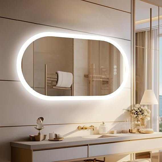LUVODI Backlit LED Bathroom Mirror: 39.4x19.7 inch Oval Oblong Wall Mirror | Anti-Fog Dimmable 3 Color Lights Smart Touch Memory Function for Makeup Vanity Home Decor