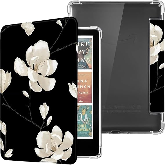 Case for Kindle Paperwhite 12th Generation 2024 & Kindle Colorsoft Signature Edition (7''): SCSVPN Hybrid Lightweight PU Leather, Flexible TPU Clear Back Cover with Auto Sleep/Wake, Black Magnolia