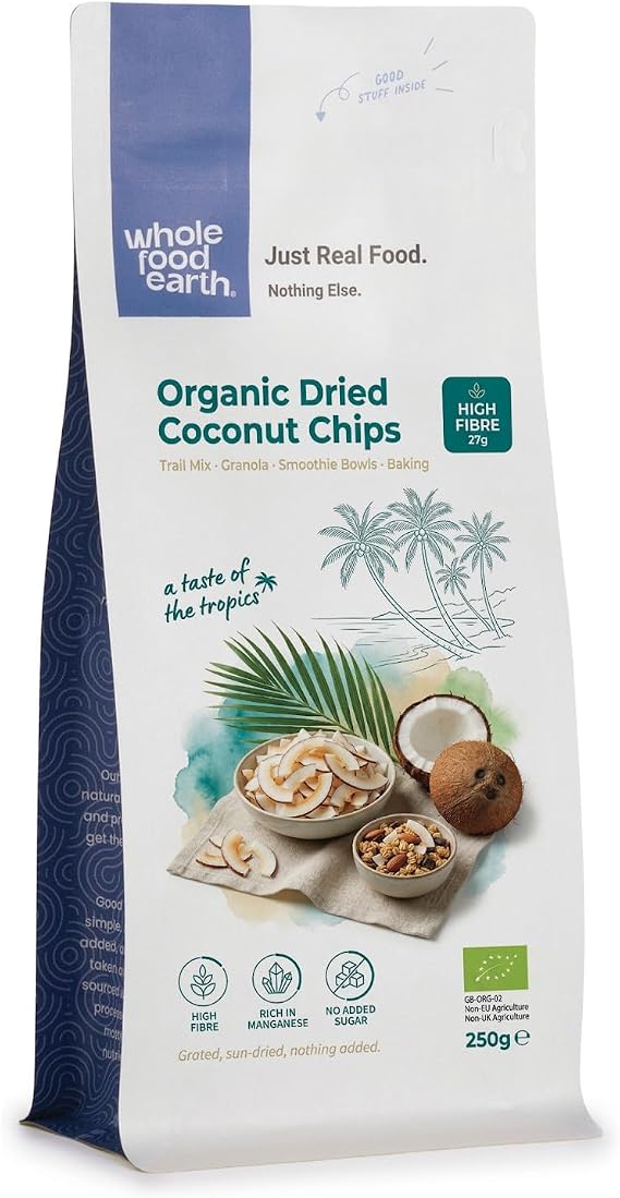 Wholefood Earth Organic Dried Coconut Chips – 250g | Raw | GMO Free | Vegan | High Fibre | Certified Organic