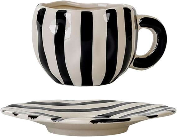 Ceramic Coffee Cup and Saucer Set Ceramic Coffee Mug with Flat BottomEspresso Cups for Latte & Cappuccino Unique Coffee Mugs Set,Black