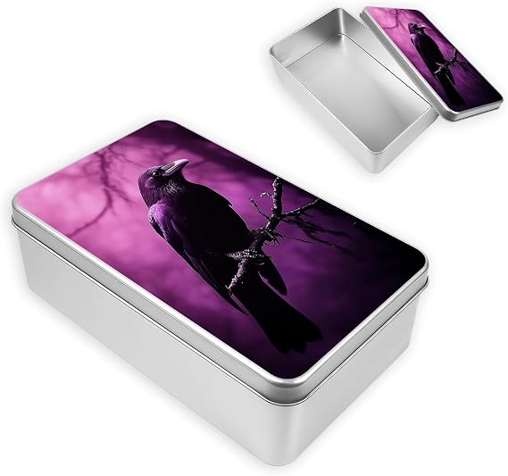 Metal Tin Box with Lid, Square Storage Container for Game Cards, Candles and Crafts, Decorative Tin Organizer and Gift Box for Home, Kitchen and Office,Purple Raven