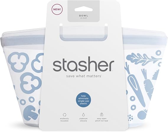 Stasher Premium Silicone Reusable Food Storage Bowl, Clear, Microwave, Sous Vide, Dishwasher, Oven and Freezer Safe, BPA Free, Leak-free, Eco-friendly, 4-Cup Bowl
