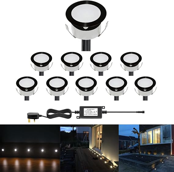 Low Voltage Outdoor LED Decking Lights 30mm Recessed Garden Lights Waterproof IP67 Deck Lighting Kits for Kitchen Plinths, Bathroom, Patio Deck, Yard, Garden (10 Pack, Cold White (Black))
