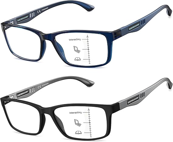 Missfive 2 Pack Lightweight Varifocal Reading Glasses TR90 Progressive Glasses Men, Blue Light Blocking Multifocus Eyeglasses