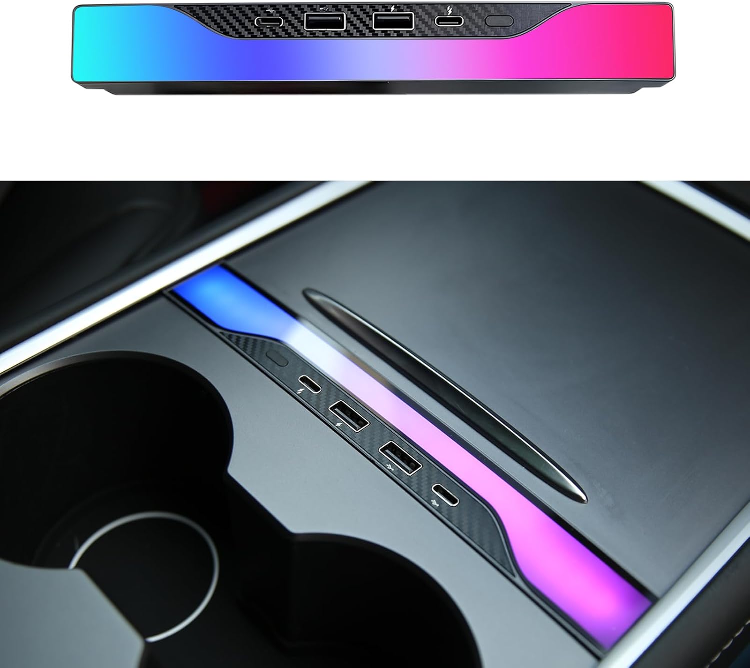 for Tesla USB Hub Model 3 Model Y 2021-2023 RGB Light USB Charging Hub Multi Port USB Charger for Tesla Center Console Docking Station (Carbon Fiber Colorful)