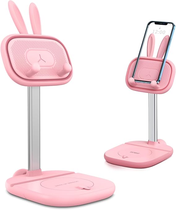 OATSBASF Cute Bunny Large Cell Phone Stand, Adjustable Thick Case Friendly Desk Holder for iPhone Kindle iPad Switch, All Phones, Great Gift Choice (Pink Plus)