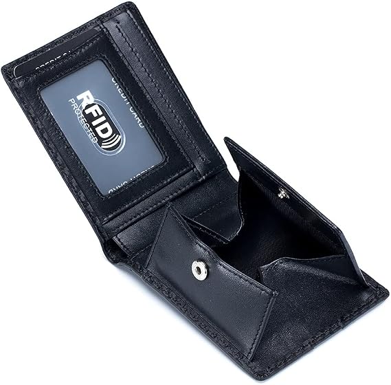 Mens Carbon Fiber Genuine Cow Split Leather Coin Purse Black Genuine Leather Credit Card Holder RFID Slim Pocket Short Bifold Wallet, Black, Small, Vintage