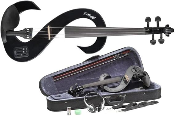Stagg Full Size 4/4 Electric Silent Violin Set with Bow, Hard Case, Strap, Stereo Headphones and Rosin, Black, S Shape