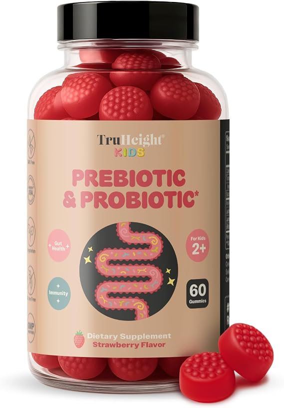 TruHeight Kids Prebiotic & Probiotic Gummies Ages 2+ (Strawberry Flavor) Toddlers & Kids All Natural Gut Health, Digestive Enzymes, Stomache Ache, Constipation Relief Supplement - Pediatric Vitamins