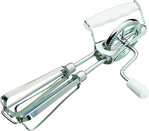 KitchenCraft Rotary Hand Whisk, Stainless Steel Manual Mixer, Plastic Handle, Silver/White, 6.5 x 13 x 27.5 cm