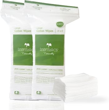 Intrinsics Large 4x4 Cotton Squares 2 Pack (400 Count) | 4-Ply Cotton Pads for Face & Makeup Removal | Lint-Free Facial Cleansing Pads & Face Pads for Toner | Hypoallergenic and 100% Pure Cotton