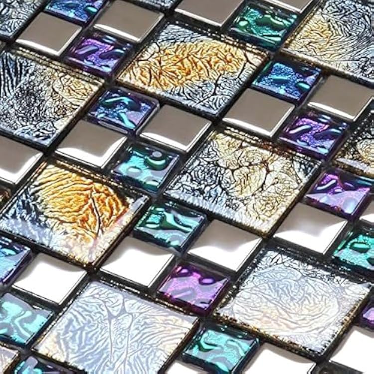 Hominter Glass Mosaic Tile Iridescent Blue, Purple & Gold Textured Chrome Metallic Wall Backsplash Sheet for Kitchen, Bathroom, Fireplace, Accent Walls 6 Square Feet