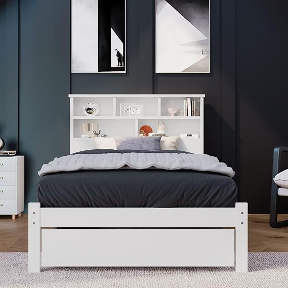 90x190cm Single Bed with 5 Storage Compartments, Wooden Bed Frame with Underbed Drawers, Suitable for Teenagers(White, No Mattress) (90X190cm)