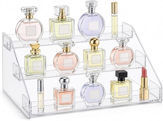 Cleo Heath & Beauty Perfume Organizer 3-Tier Clear Acrylic Display Stand for Vanity, Compact Makeup & Fragrance Storage, Space-Saving Countertop Shelf (10 Inch)