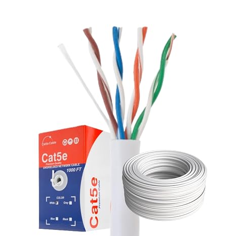 SATMAXIMUM Cat5e Ethernet Cable 500ft or 1000ft Bulk, 24AWG Solid CCA, 4-Pair UTP, Pull Box, Copper Clad Aluminum (1, White, 1000FT)