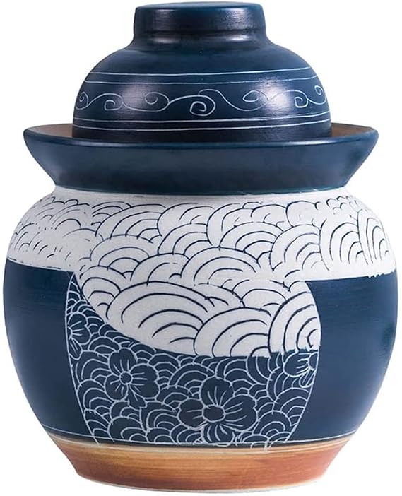 Blue Traditional Chinese Porcelain Pickle Jar, Ceramic Fermentation Crock Pickling Pot,Fermenting Jar with Water Seal Airlock Lid Stoneware Fermenter for Kimchi Saue 3.5KG