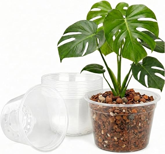 5 Gallon Clear Nursery Pots 10 Pack, 12 Inch Large Plastic Plant Pots with Drainage Holes, Transparent Planters for Root Monitoring, Seedlings, Vegetables, Flower, Indoor Outdoor