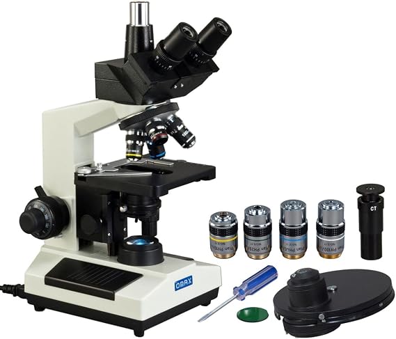 OMAX M837ZL-PHB1 2500X LED Trinocular Compound Microscope with Phase | 40X-2500X Magnification Range Compound Biological Microscope Built-In LED Illumination