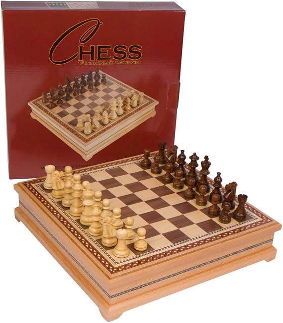 Helen Chess Inlaid Wood Board Game Set with Weighted Wooden Pieces, Large 15 x 15 Inch