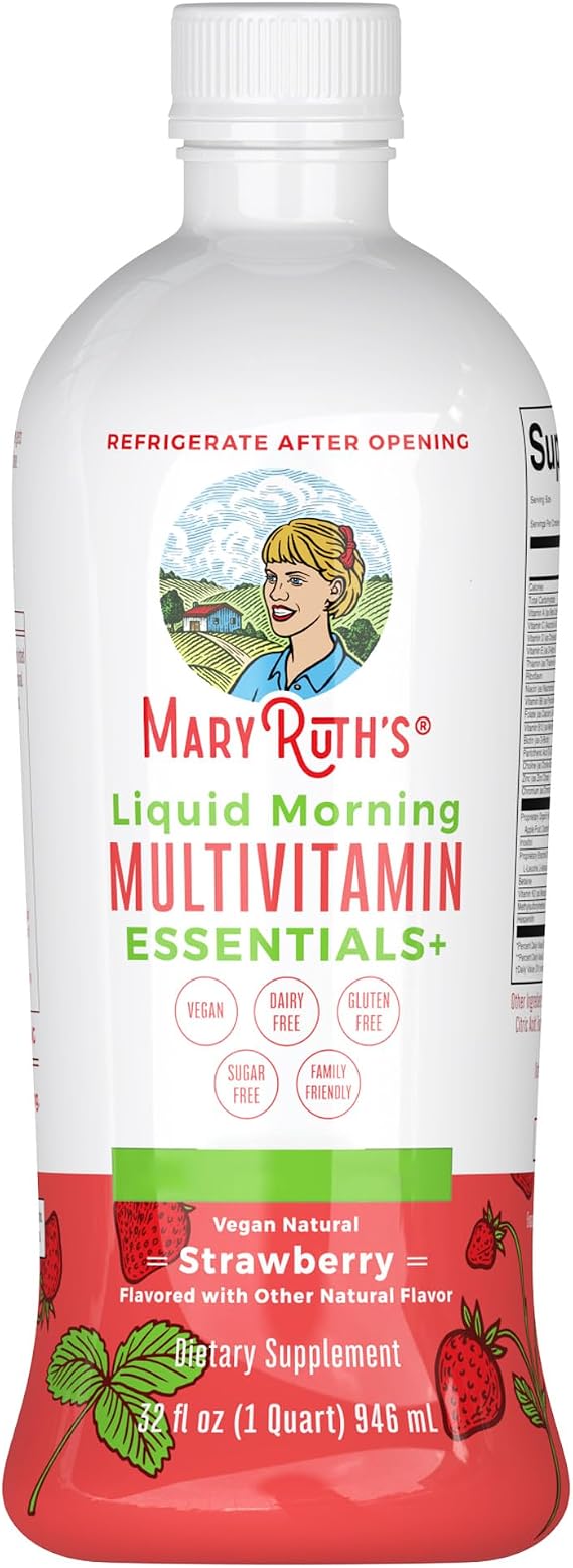 MaryRuth Organics, Liquid Morning Multivitamin Essentials+, Essential Vitamins & Minerals, Sugar Free, Fruit Punch Flavour, 946ml, Vegan, Gluten Free | Vitamin A C D E B6 B12 Biotin Zinc, Mens Womens Multivitamin, Immune Support, Beauty, Sugar Free, Vegan, Ages 1+