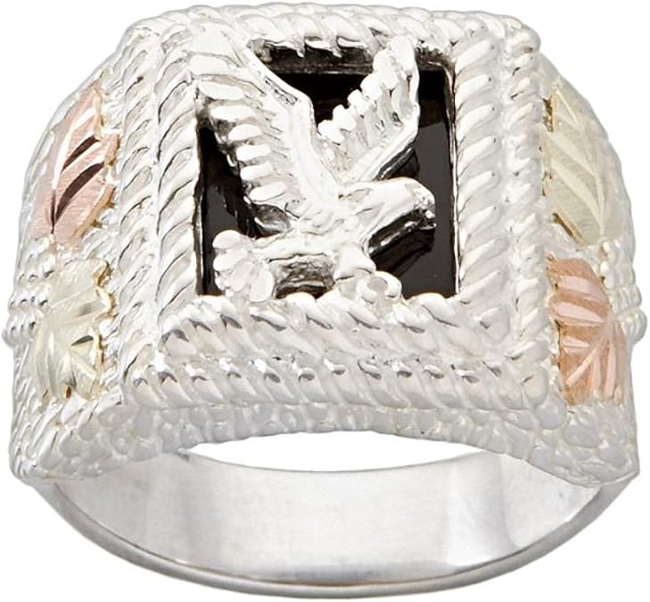 Men's Onyx Eagle Signet Ring, Sterling Silver, 12k Green and Rose Black Hills Gold