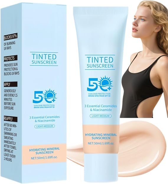 50ml Tinted Mineral Sunscreen SPF 50+,Tinted Moisturiser,2-in-1 Makeup&Sunscreen for Natural Glow,Broad Spectrum UVA/UVB Protection&Natural Finish,Factor 50 Sun Cream,Hydrating Lightweight Sunscreens