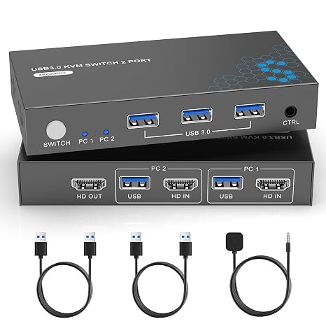 HDMI KVM Switch for 2 Computers 1 Monitor,4K@60HZ USB3.0 2 Port Monitor Switcher Sharing Keyboard and Mouse, Printer/Scanner, Desktop Controller