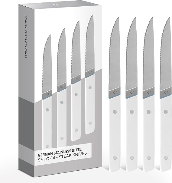 Misen Steak Knives Set of 4 - Precision Serrated Blades for Effortless Dining - German Stainless Steel - Superior Cuts with Four Steak Knives - Comfortable, Sleek Handles - White