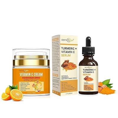 Vitamin C Moisturizing Cream & Turmeric Vitamin C Serum Bundle Organic Hydration & Radiance for Dull, Dry, Sensitive or Oily Skin Lightweight, Glow-Enhancing Skincare 1.7  2 FL OZ