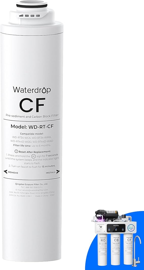 Waterdrop RT-CF Filter, Replacement for All T3 & T4 Series RO System | 6-Month Lifetime, Replacement for Waterdrop T3-T & T3-C & T3-M & T4-A Reverse Osmosis System