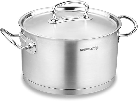 Korkmaz Proline 6.5 Quart Stainless Steel Stockpot with High Profile Lid and Handles, Silver a1162