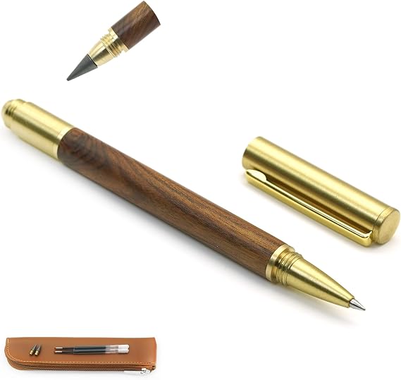 Luxury Wood and Brass Rollerball Pen Set 2-in-1 Fancy Pen with Pencil, Includes 2 Spare Refills & Pen Pouch, Signature Pen for Business, Office & Gift (Huali Wood)