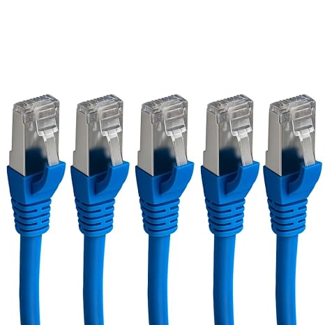 S/FTP Cat 6A Shielded Patch Cord with Boot, 3ft, Blue High-Performance Ethernet Cable for Secure Networking (5 Pack, Blue, 1 ft)