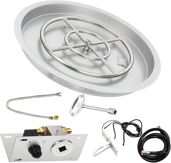 25 Inch Round Drop-in Fire Pit Pan Kit with Burner Ring and Spark Ignition | Stainless Steel Fire Pit Burner Kit for Indoor or Outdoor Fireplace Natural & Propane Gas 147000 BTU Max