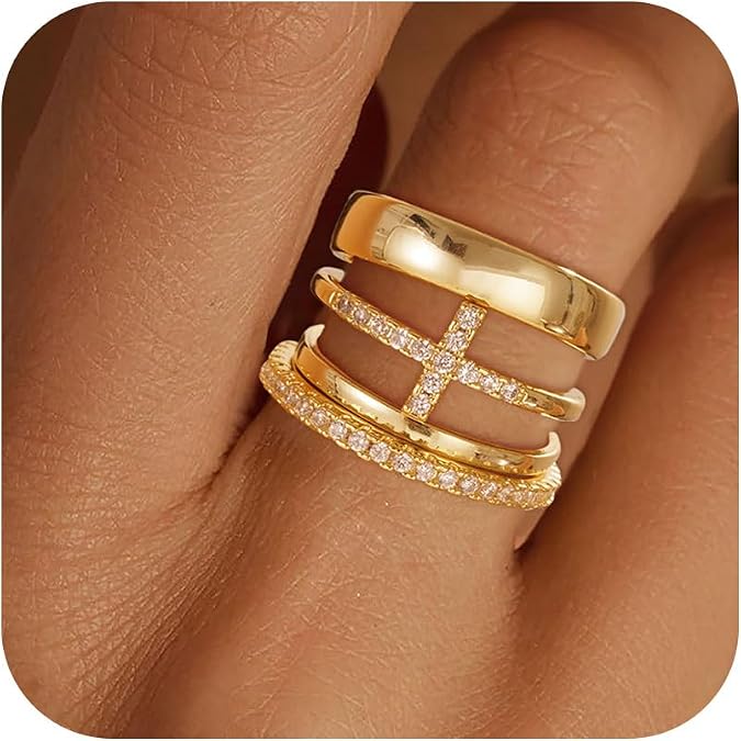 Gold Stackable Rings for Women - Dainty 14K Really Gold Plated Cross Stackable Rings Thumb Ring Set Trendy Statement Promise Wedding Bands Engagement Ring for Women