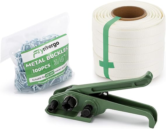 Banding Strapping Kit 3/4" x 330' Woven Cord, 2500lbs | Pallet Strapping Tool 2500lbs Tensile Strength Packaging Strapping Kit with 100pcs Metal Buckles, Upgraded Tensioner