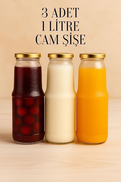 3 Adet 1 Litre Şeffaf Sürahi Süt, Ayran, Su, Limonata, Meşrubat Şişesi Metal Gold Kapaklı Cam Şişe