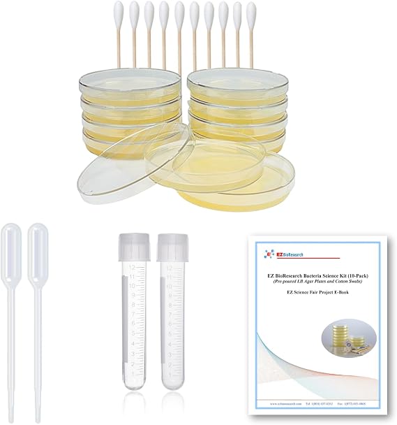 Bacteria Science Kit: Pre-poured LB Agar Plates and Cotton Swabs, E-Book for Science Fair Project with Award Winning Experiments
