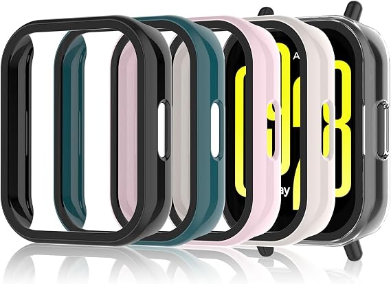 Hianjoo Case Compatible with Xiaomi Redmi Watch 5 Active All-Round PC Protective Case and Screen Protector Screen Protector Compatible with Xiaomi Redmi Watch 5 Active - [Pack of 5] Clear + Black + White + Pink + Green