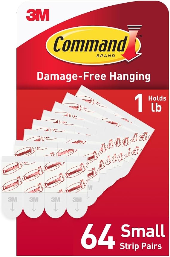 Command Indoor Small Replacement Strips, 64 Strips, Damage-Free Wall Hanging, Re-Hang Small Hooks for Home and Wall Decor, Holds up to 1 lb, White Adhesive