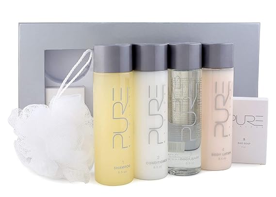 Pure by Gloss Gift Set Fresh Lemon Scent for All Hair and Skin Types With Shampoo [8.5oz], Conditioner [8.5oz], Body Wash [8.5oz], Body Lotion [8.5oz], Body Bar [4oz], Loofah Cruelty Free
