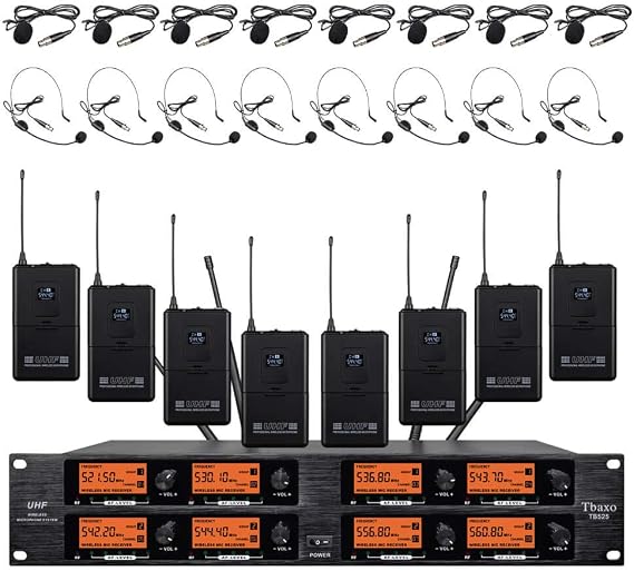 Wireless Microphone System Pro Audio 8 Channel UHF 8 Lavalier Bodypacks 8 Lapel Mic 8 Headsets for Karaoke System Meeting Church Speaking Conference Wedding Party Frequency B