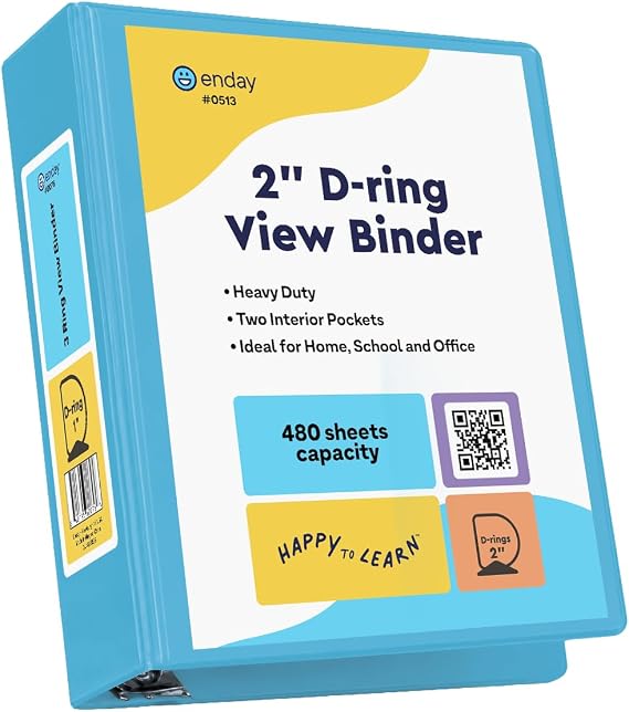 Enday 2 Inch 3 Ring Binder, Blue Heavy Duty Three Ring Binder, 480 Sheets Capacity - 2 Inch Binder for Home School and Office.