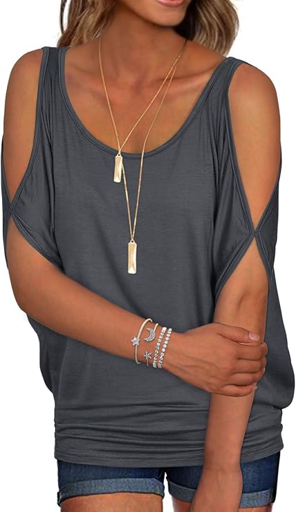 Womens Summer Cold Shoulder Tops Casual Scoop Neck Loose Fit T Shirt